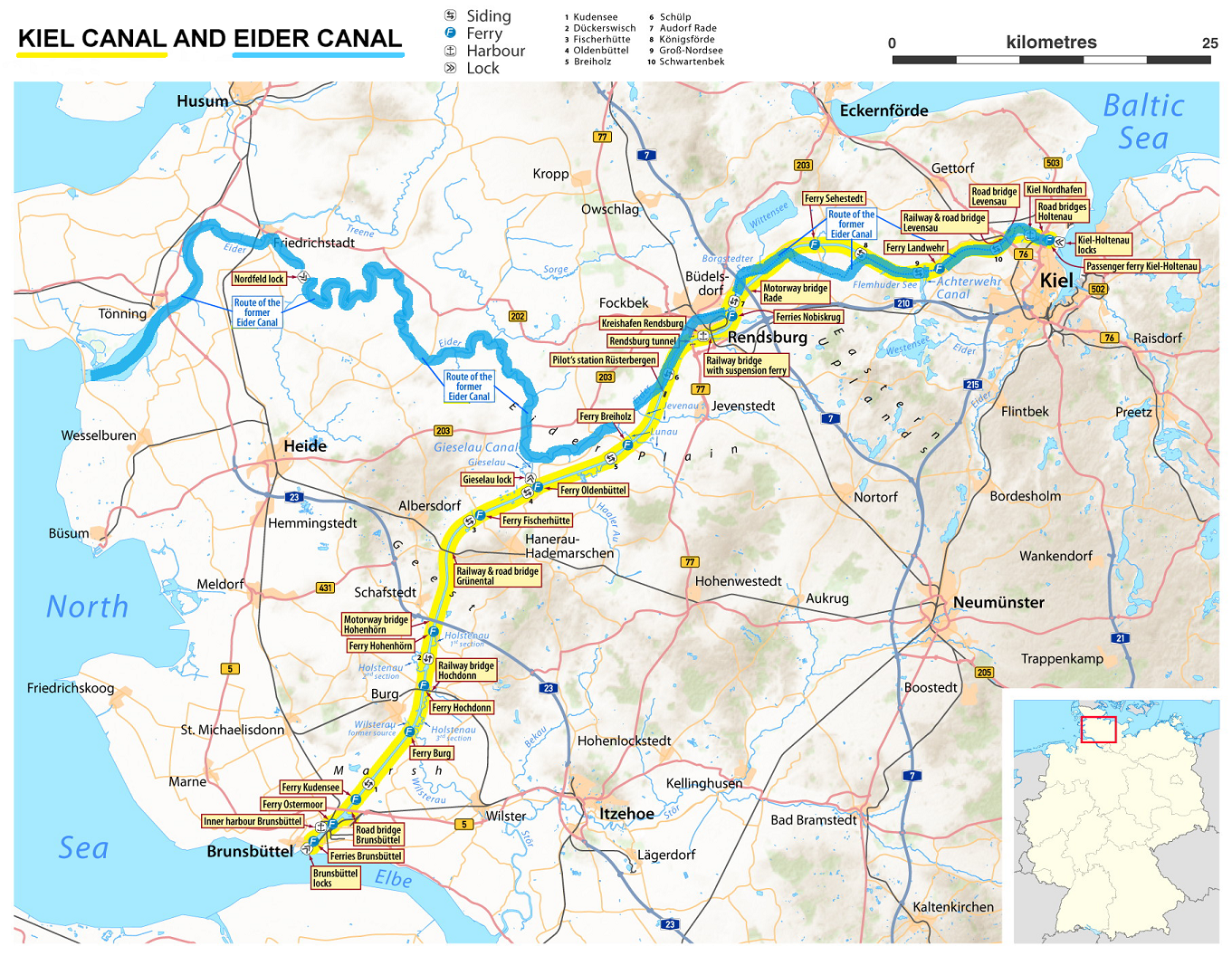 基尔运河的示意图,图中黄色的路线为基尔运河,蓝线为丹麦修建的爱德