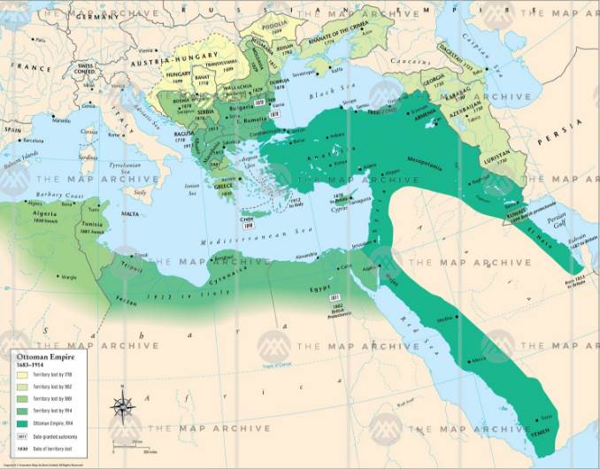 (17世纪末到19世纪初,奥斯曼帝国疆域不断萎缩,深绿部分即最后保有的