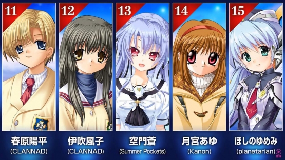 第五位:神尾观铃 air 第六位:友利奈绪 charlotte 第七位:坂上智代 第