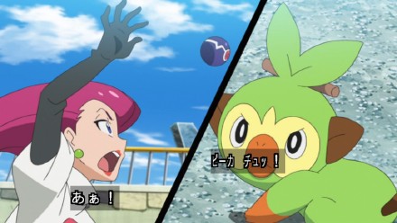 旅途59话,敲音猴原为火箭队的宝可梦,后破坏了火箭队的球,自愿被小豪