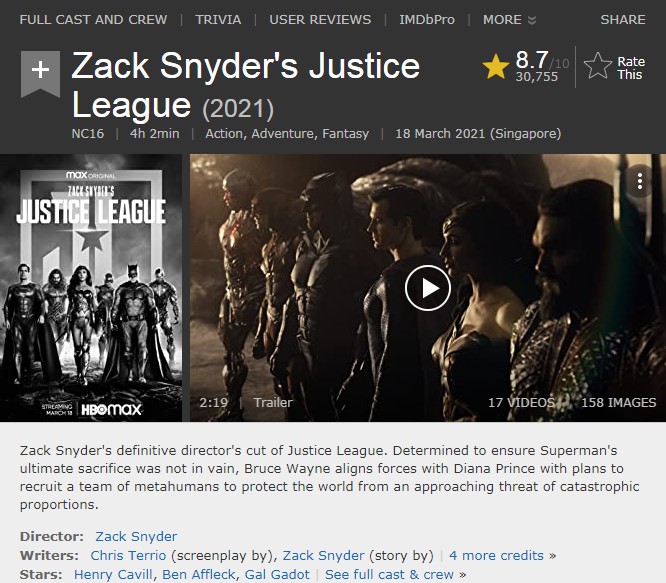 导剪版 正义联盟 海外观众评分出色imdb评分8 7分