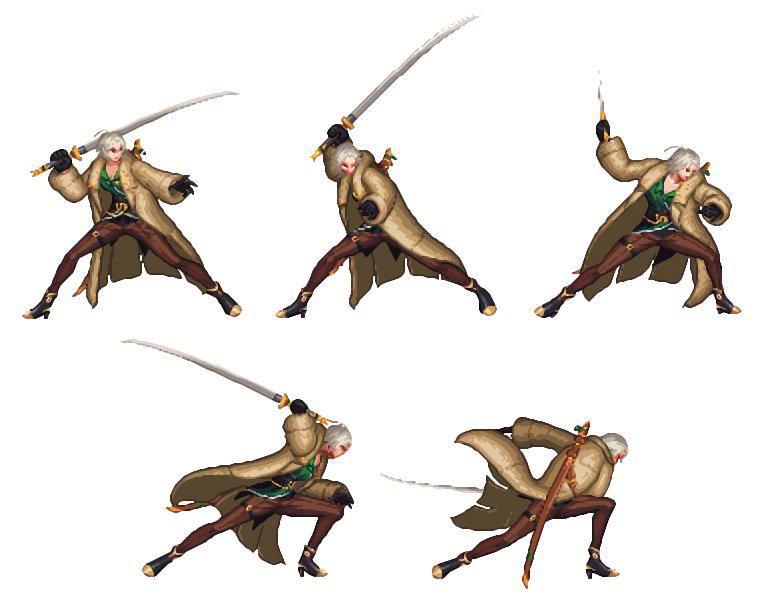 这是罗郎的斩击姿态,并且两个人的武器都很长;◆这是暗刃的斩击赚态