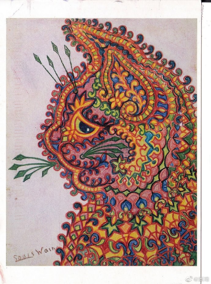 英国画家路易斯韦恩善于画猫晚年的他患上了精神分裂症这时候的作品越
