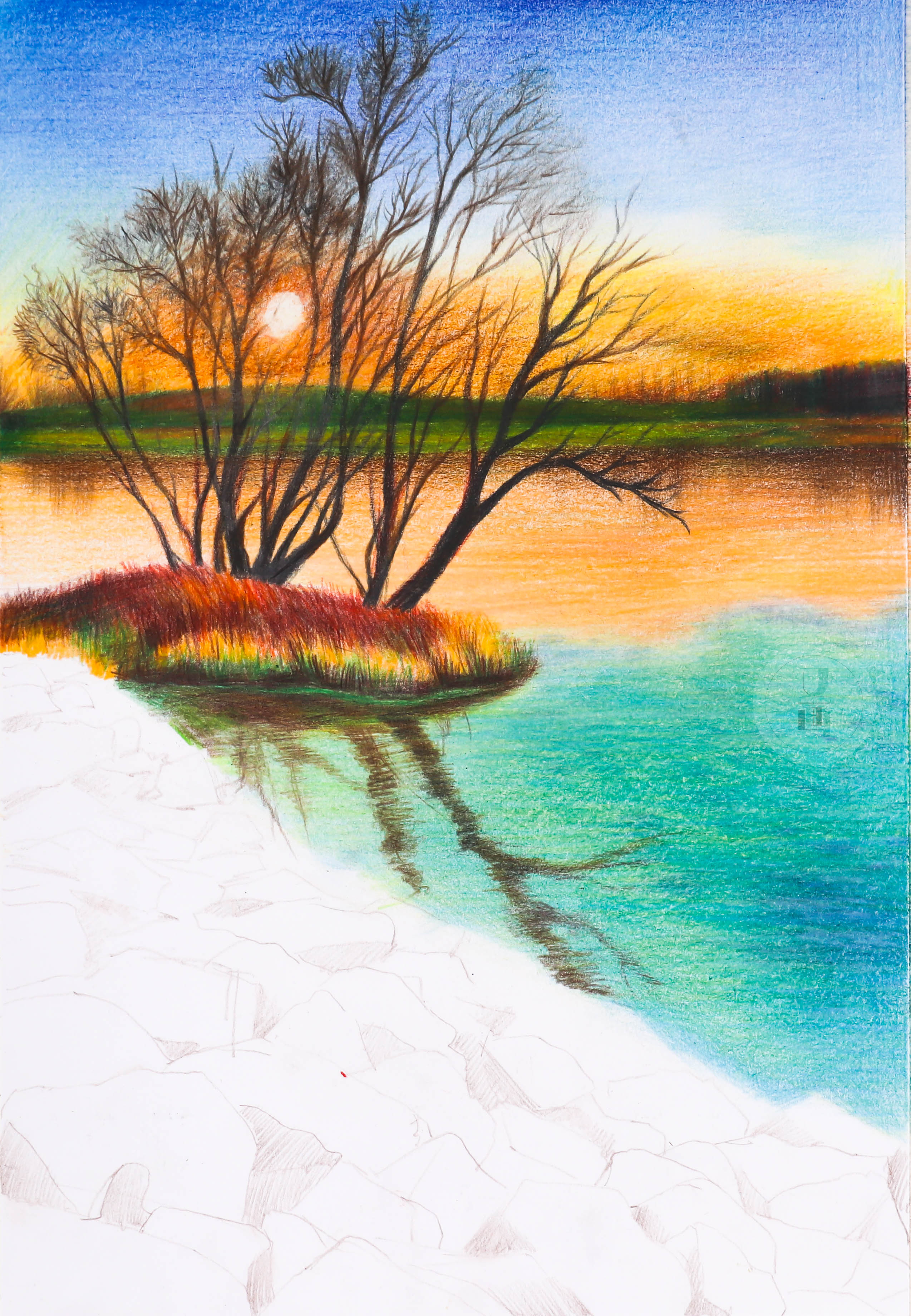 彩铅风景教程夕阳连积水边色满秋空