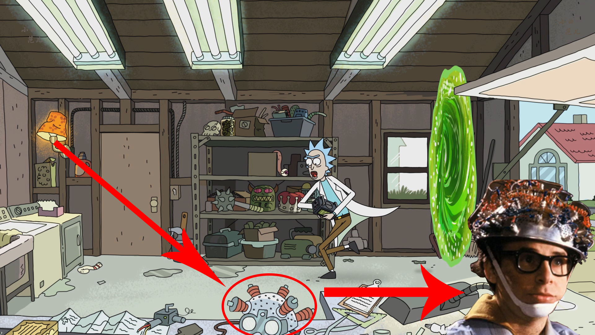 瑞克和莫蒂回到车库时,桌子上放的头盔对应《抓鬼敢死队》中的头盔.