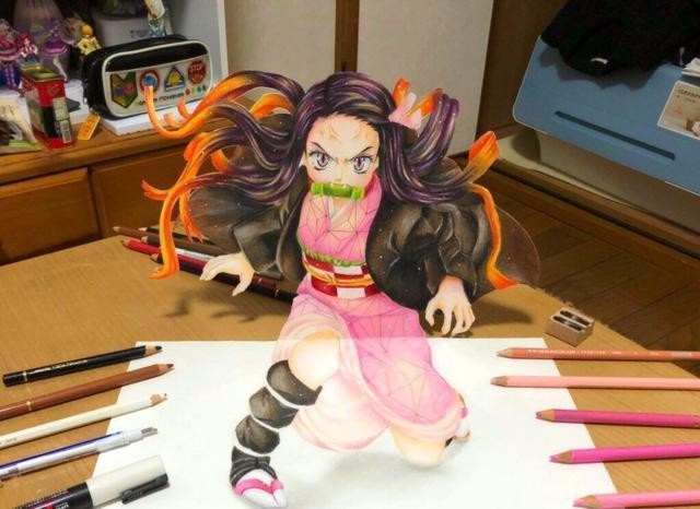 日本画师绘制祢豆子3d立体画效果逼真堪比手办