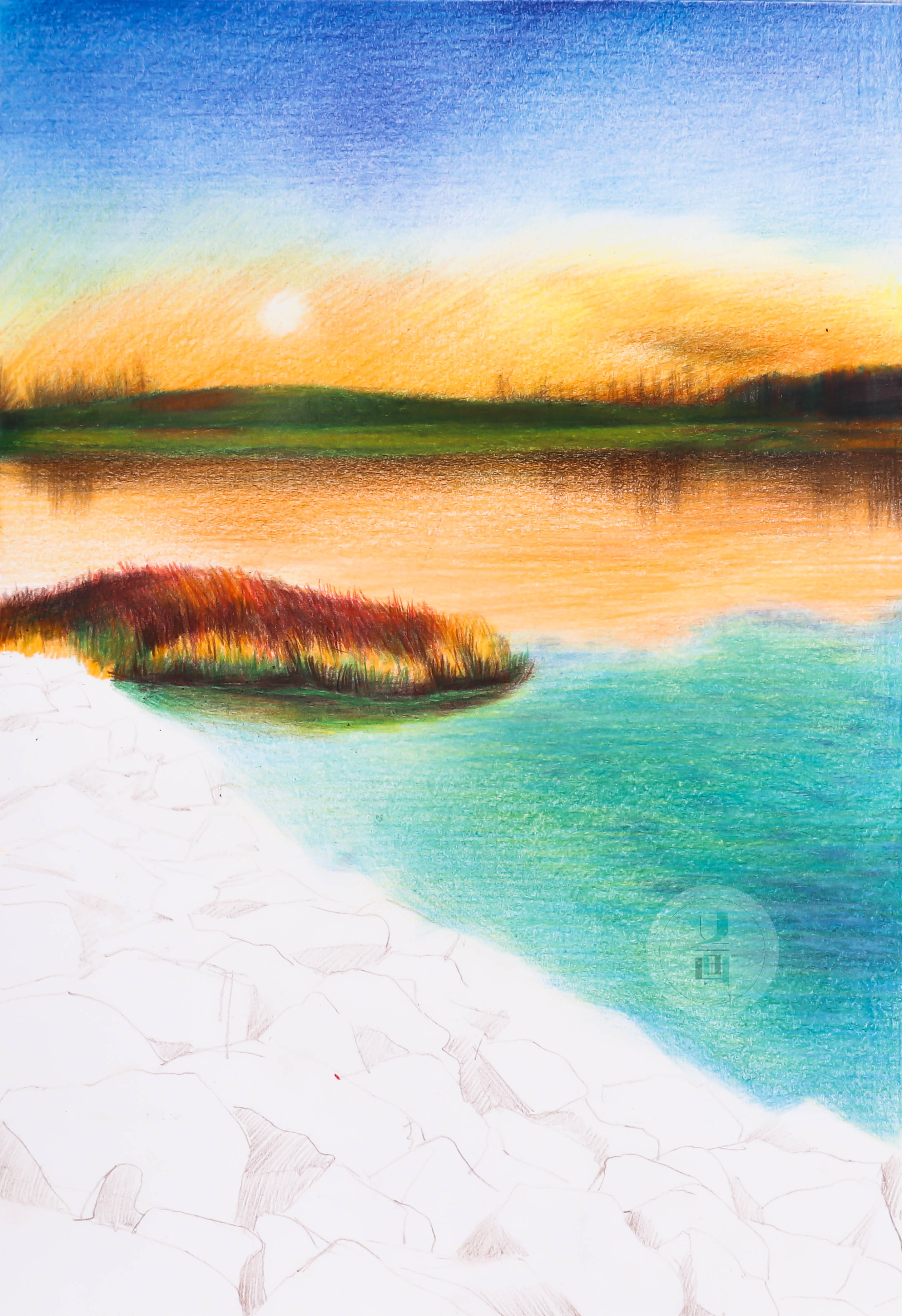 彩铅风景教程夕阳连积水边色满秋空