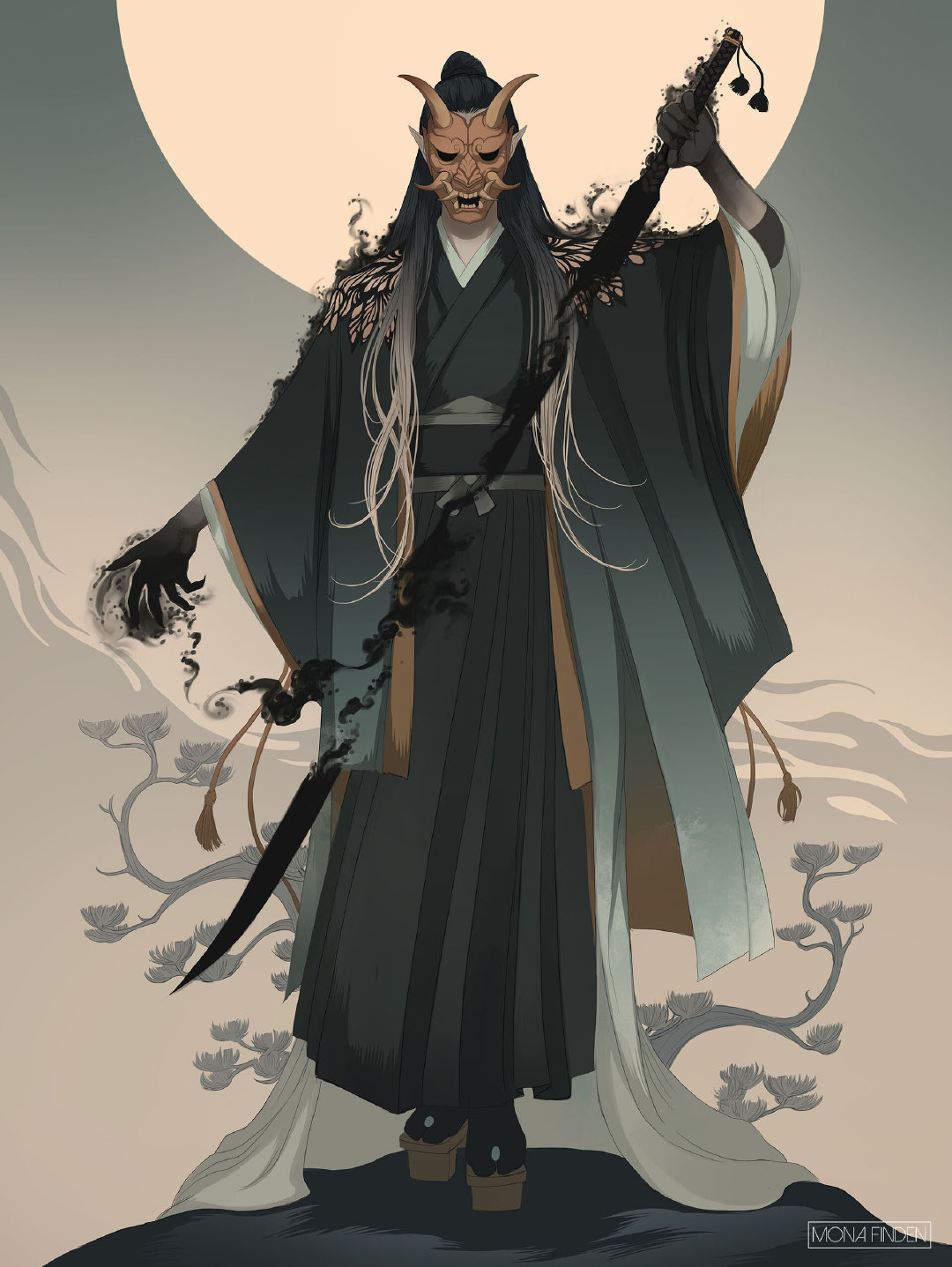 和风鬼神插画画面很有故事画师monafinden