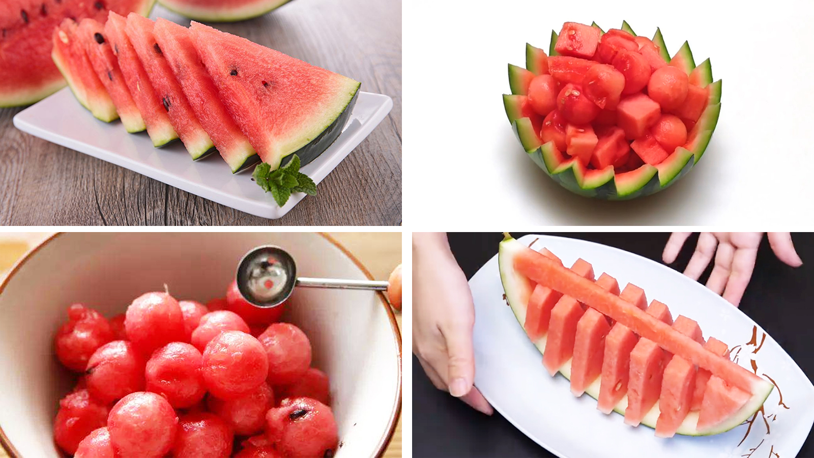 西瓜在水果拼盘中一般是主要材料之一,常用的西瓜切法,主要有如图四种