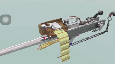 mg42如图,枪机上的导柱前后运动时带动受弹盖上的导轨左右运动,通过一