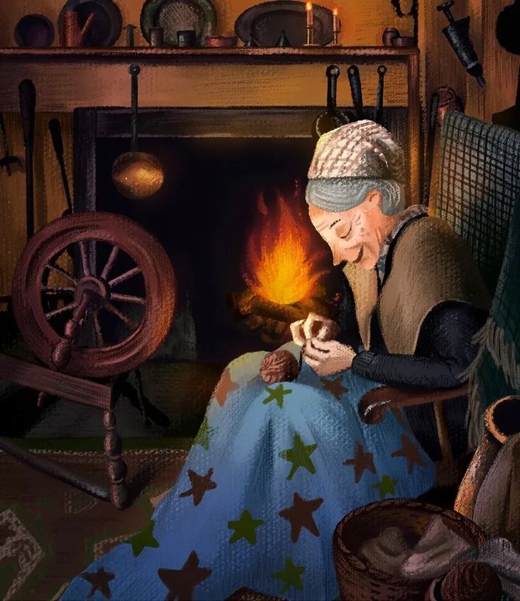 插画新作品在壁炉旁边的老奶奶好慈祥