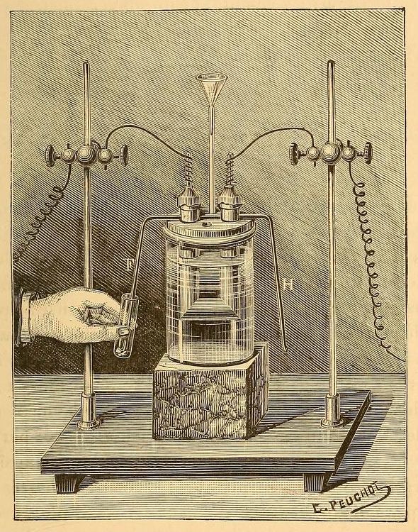 莫瓦桑制备氟的仪器,图画作于1887年