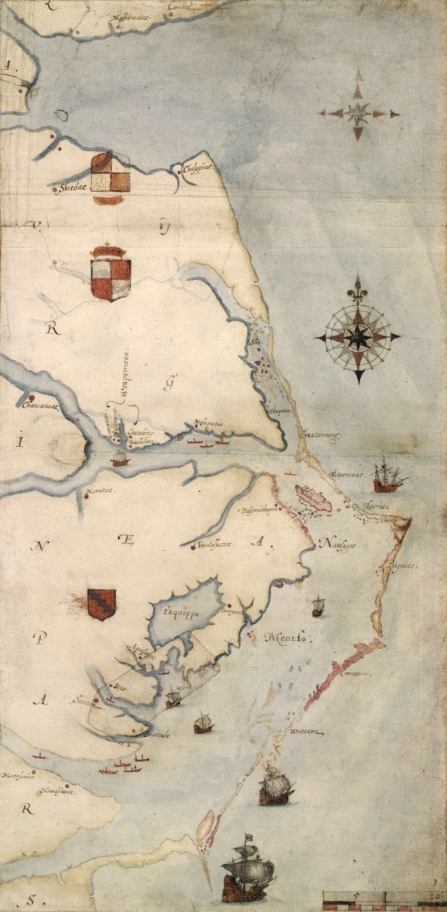 john white在1585年绘制的地图,其中地图中部偏右粉色的岛屿就是