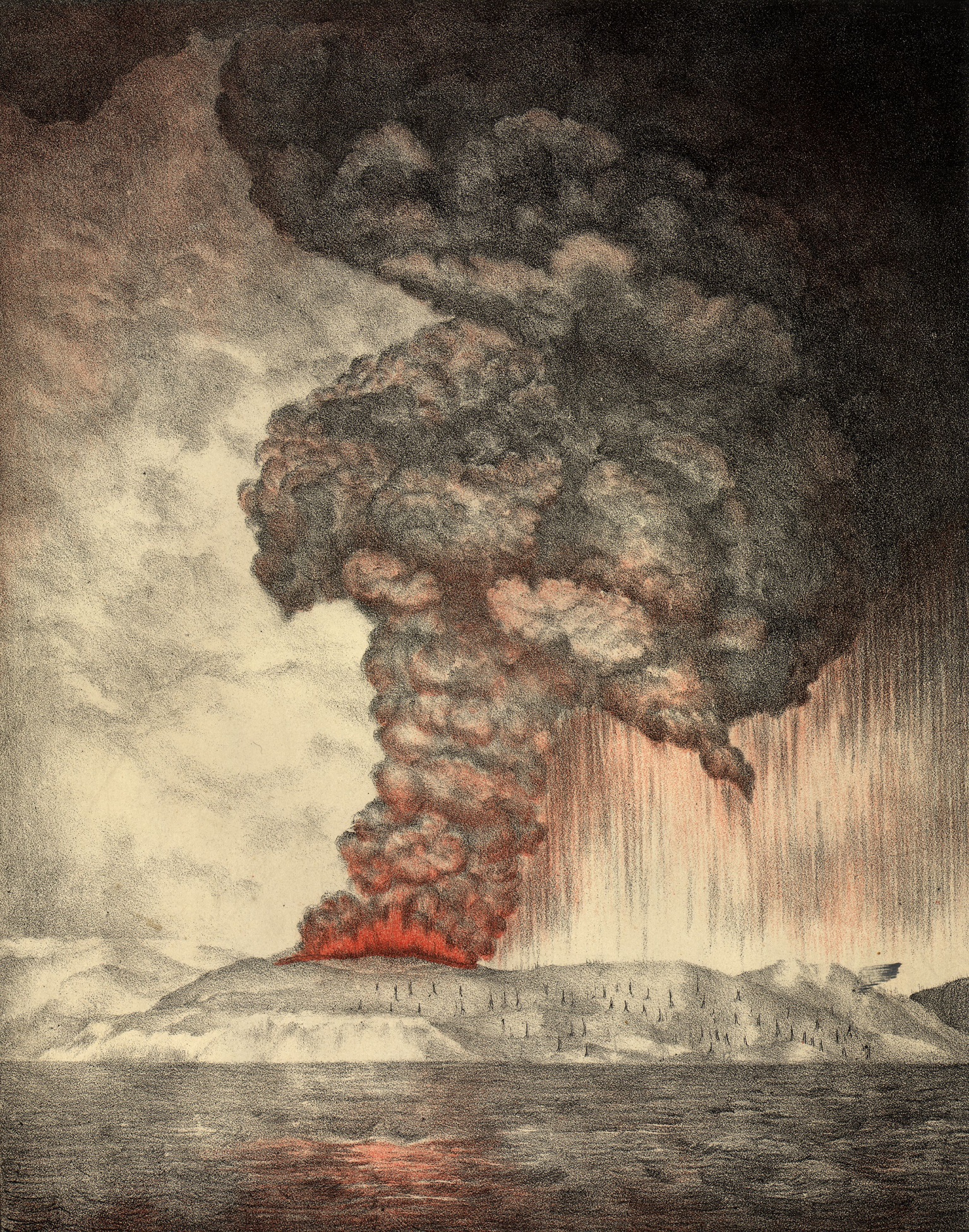 英国皇家学会喀拉喀托委员会的报告中的关于喀拉喀托火山爆发的平版画
