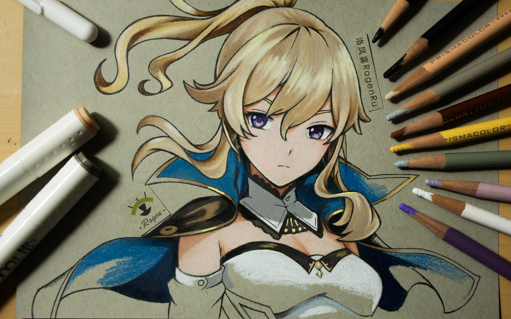 180b 油性彩铅手绘《原神》漫画人物:琴