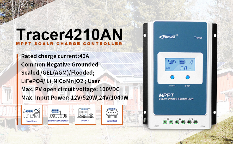 EPEVER MPPT Solar Charge Controller 40A 12V/24V Power Regulator