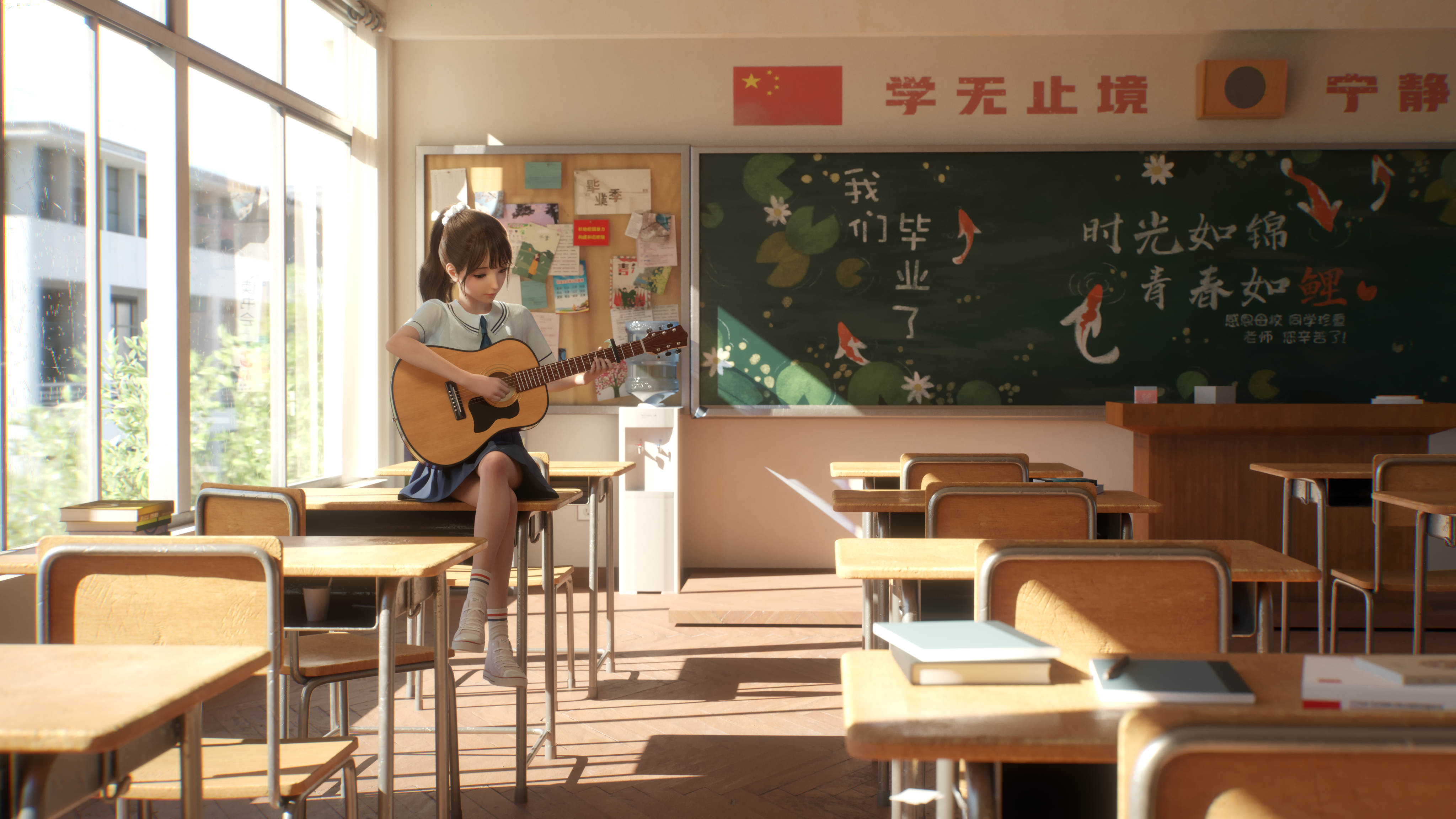少女,校园与吉他 《井小一校园篇 4k壁纸~》