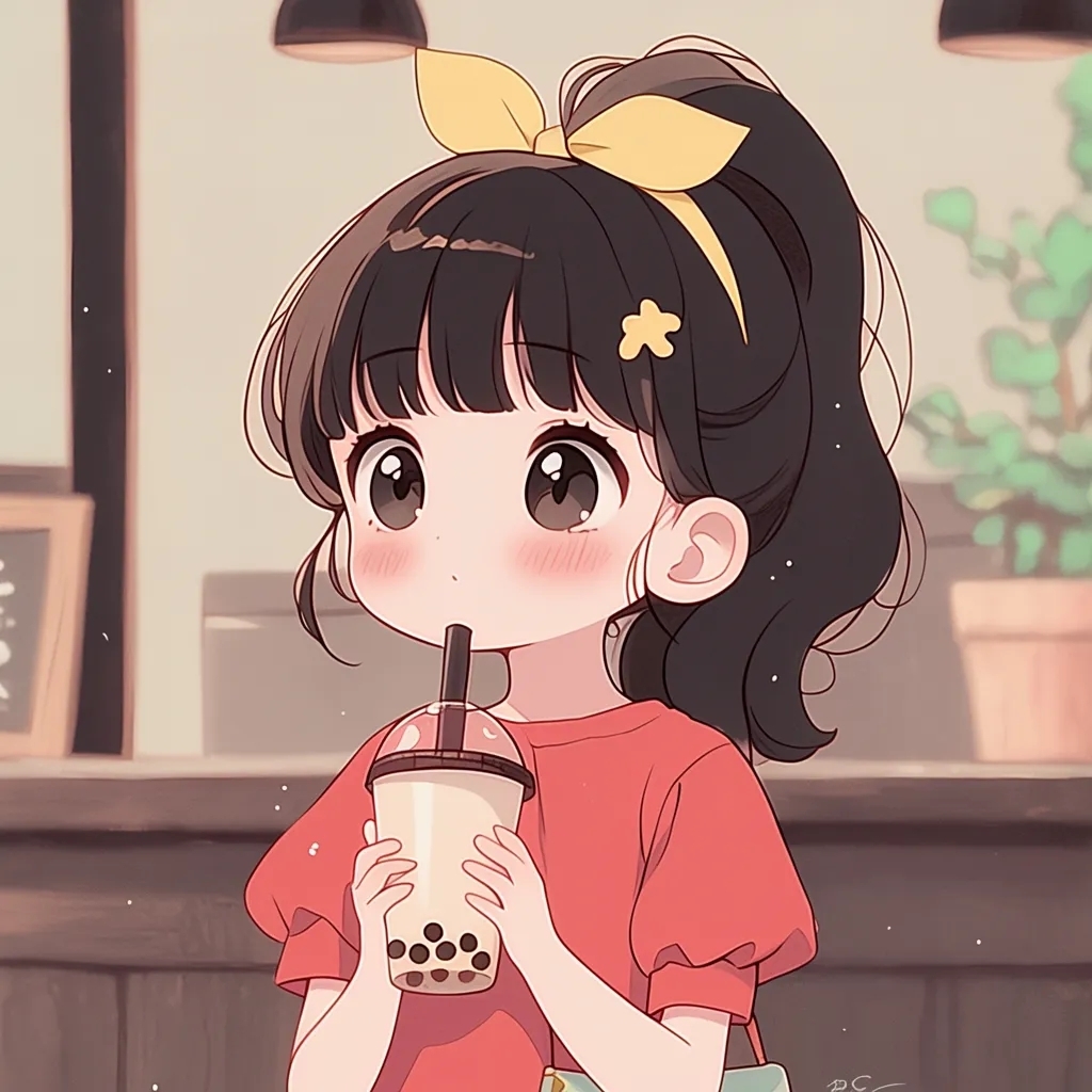 喝珍珠奶茶的可爱女孩