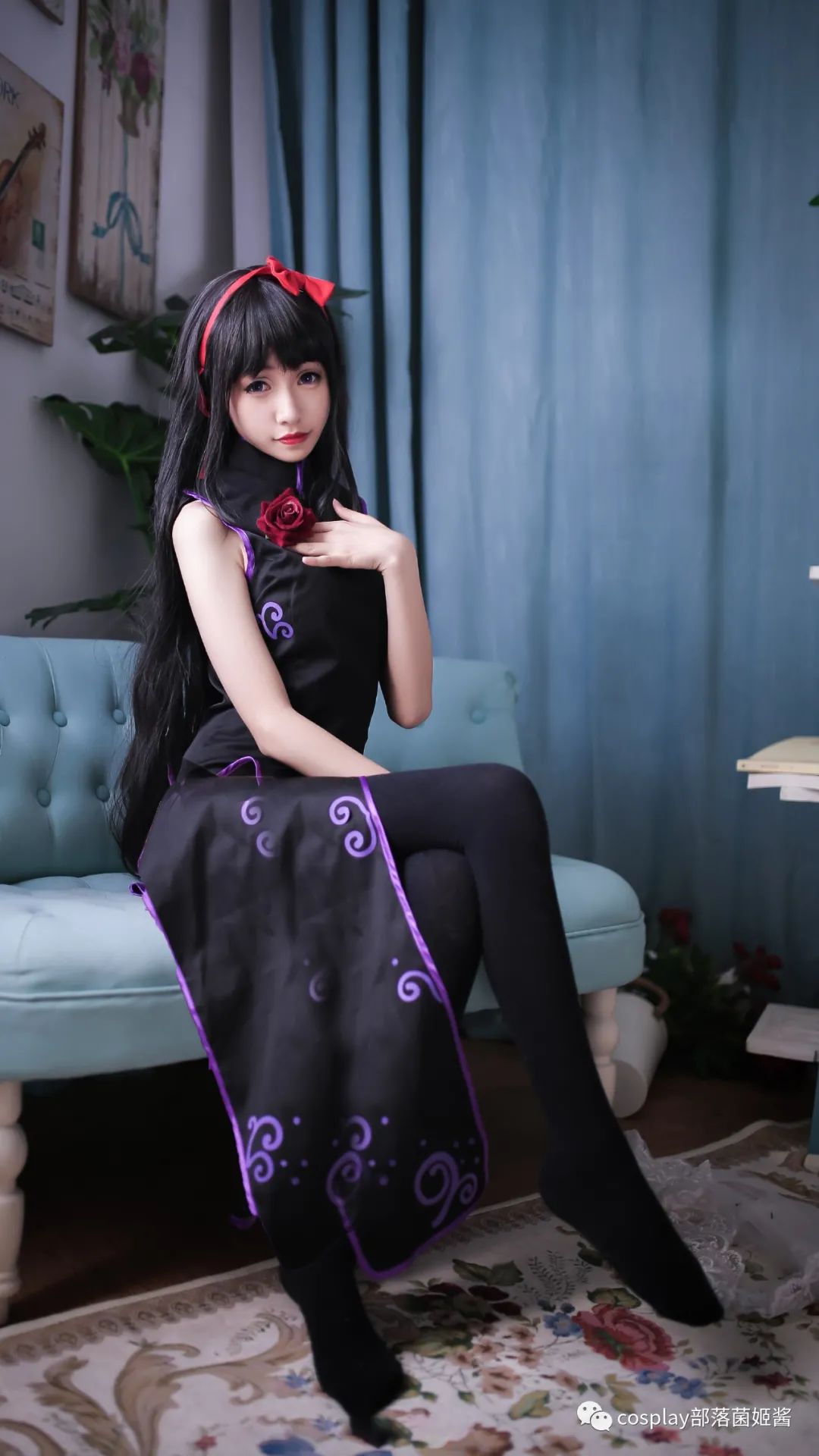 cos：魔法少女小圆丝质黑旗袍晓美焰cos正片@汐纸纸