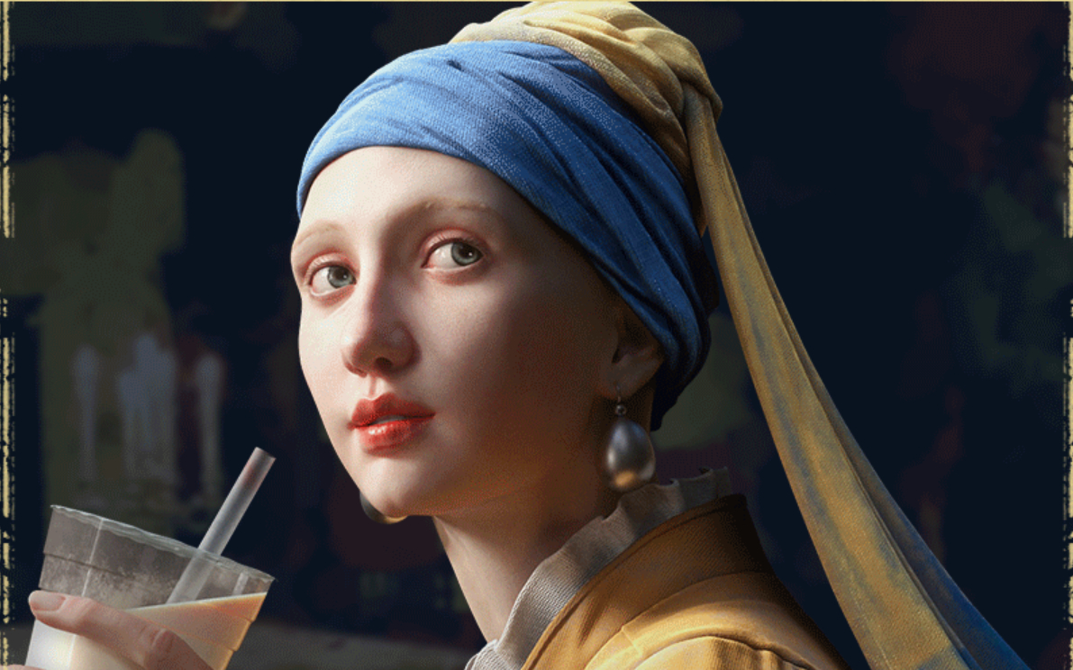 【cg油画角色】带珍珠耳环的少女喝奶茶了