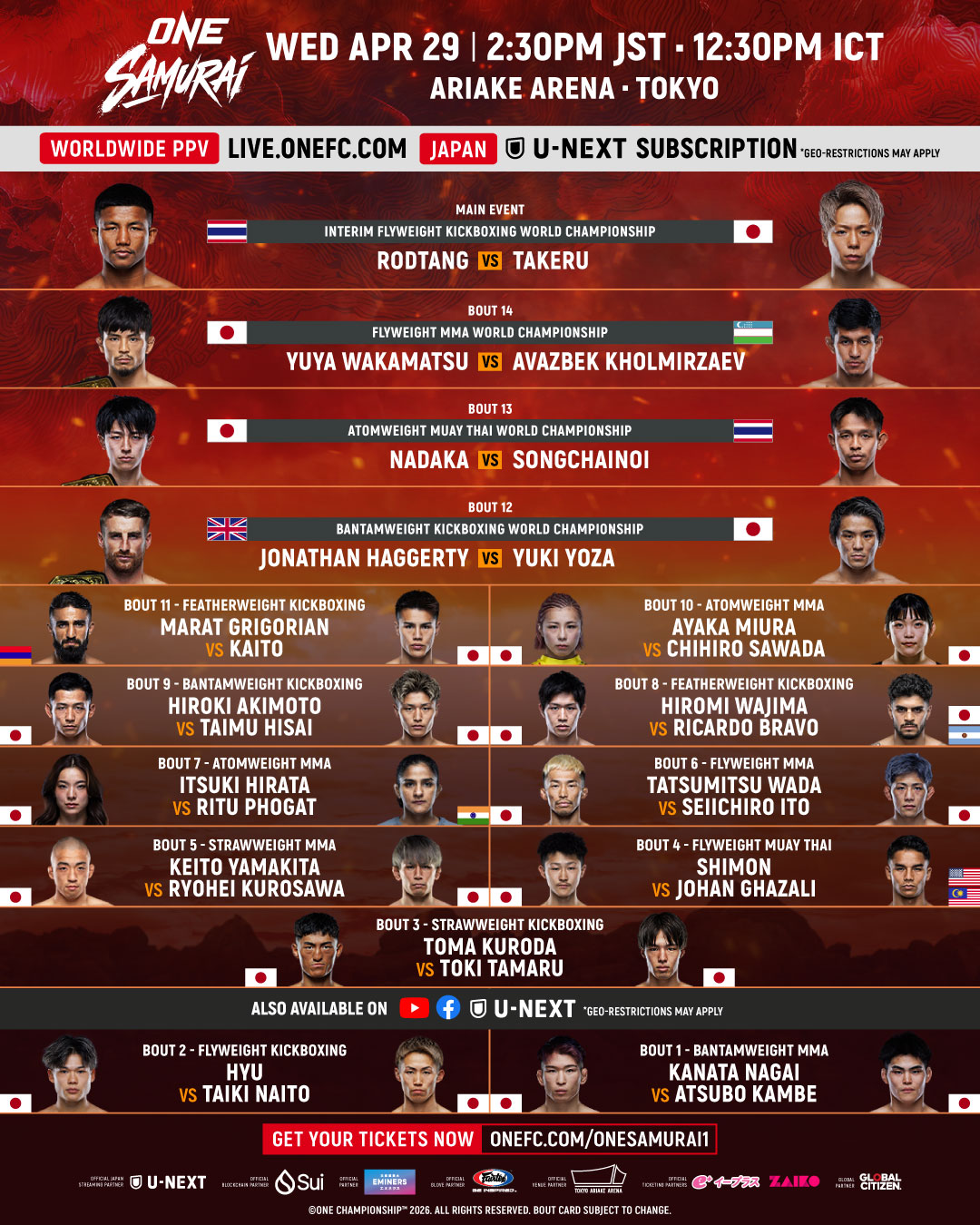 ONE Samurai 1: Rodtang vs. Takeru Ⅱ – watch online from Tokyo’s Ariake Arena on Wednesday, April 29 2026 – live broadcast and video-图片1