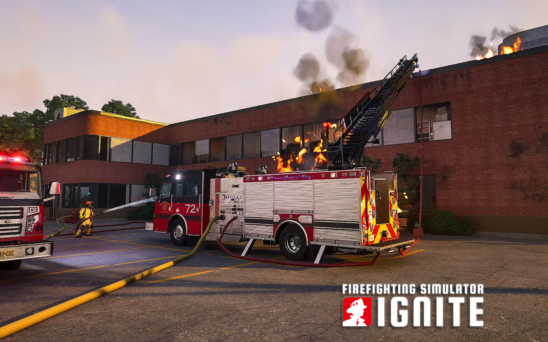 《消防模拟:火苗燃动》出动云梯车对办公楼实施救援