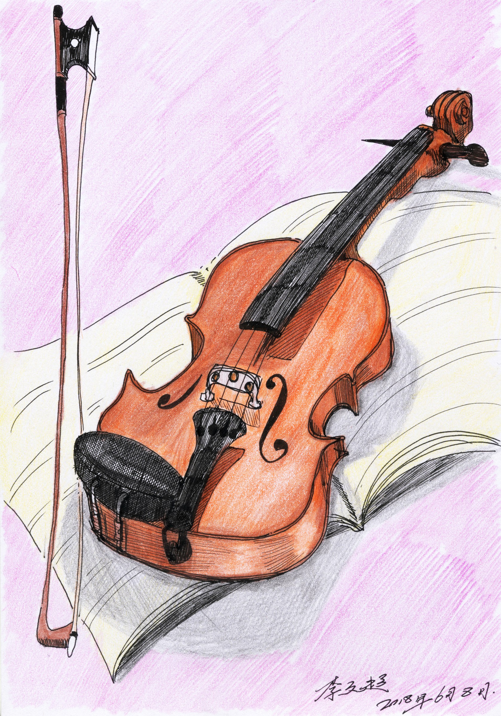 【涂鸦】李文超的钢笔速写,彩铅上色,小提琴