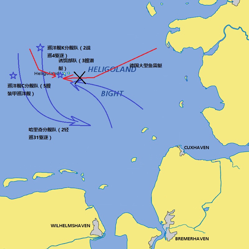 五:白天,于赫尔戈兰岛西侧设伏的三艘潜艇会上浮,将德国昼间巡逻队的