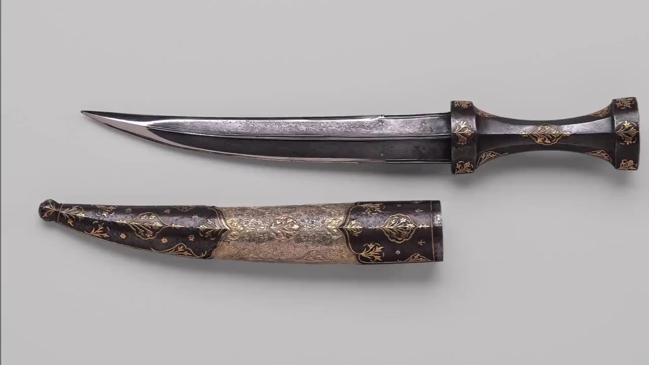 18世纪 土耳其 错金花卉铁手柄 嘉比亚 短剑 雕花镶嵌金银铁包木鞘